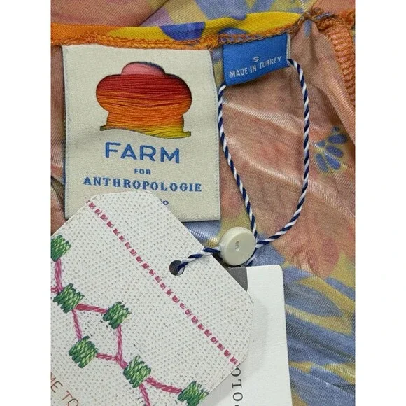 Farm Rio Anthropologie Midi Dress Ruched Orange Floral V Neck Preppy Small NWT